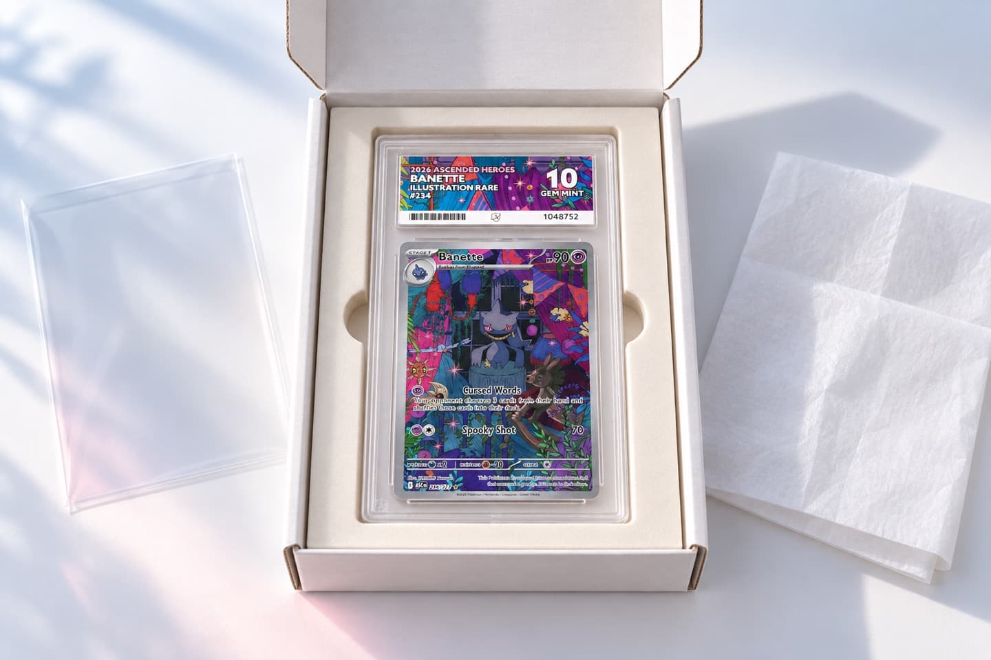 A graded card packed in a white delivery box with tissue paper