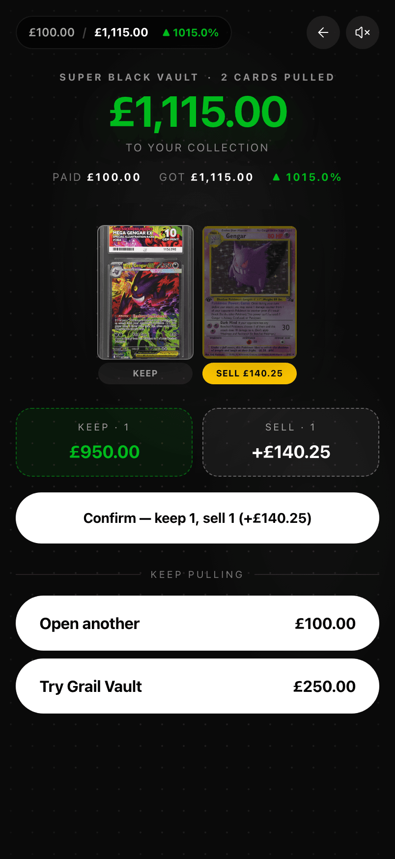 Altworth app reveal screen — keep, vault, or sell each card back